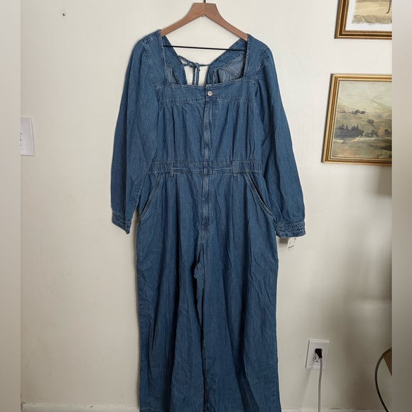 Free People We The Free Clara Blue Wide Leg Boho Denim Jumpsuit Womens XL NWT